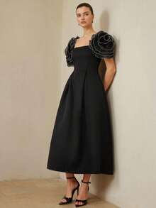 Aveloria Rosie 欧美风春夏新款时尚百搭露肩花卉袖饰收腰长袖中长连衣裙 - 黑色 - 查看 5