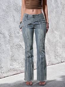 Denimoi Low Rise Belted Boot Cut Jeans Sexy Jeans Fashionable Flare Jeans - Light Wash - View 4