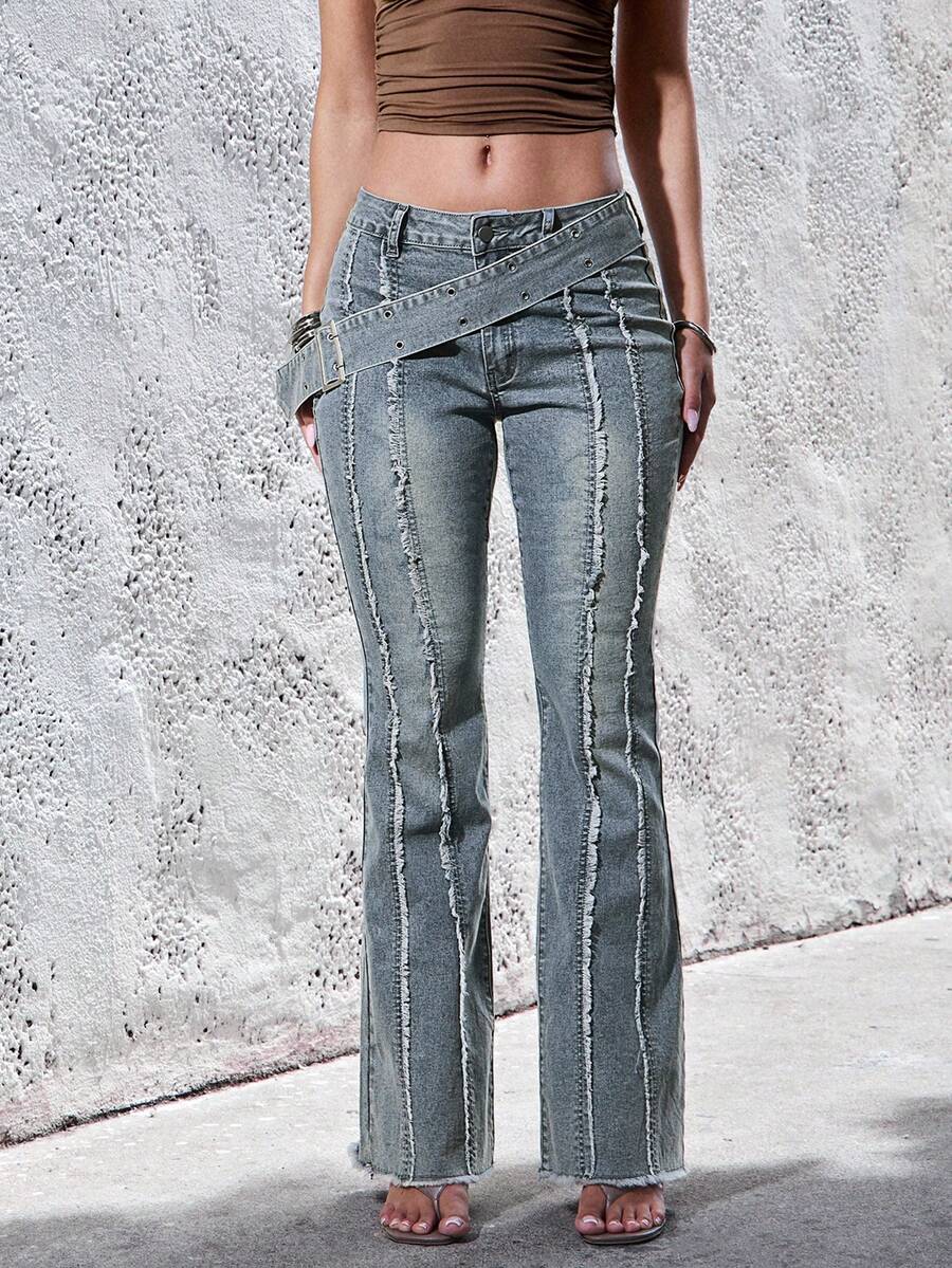 Denimoi Low Rise Belted Boot Cut Jeans Sexy Jeans Fashionable Flare Jeans - Light Wash - View 1