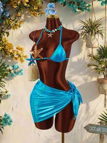 Amplova 女士海星装饰泳衣套装，性感前卫，适合度假，可爱迷你两件套，亮蓝色面料 - 彩色 - 查看 11