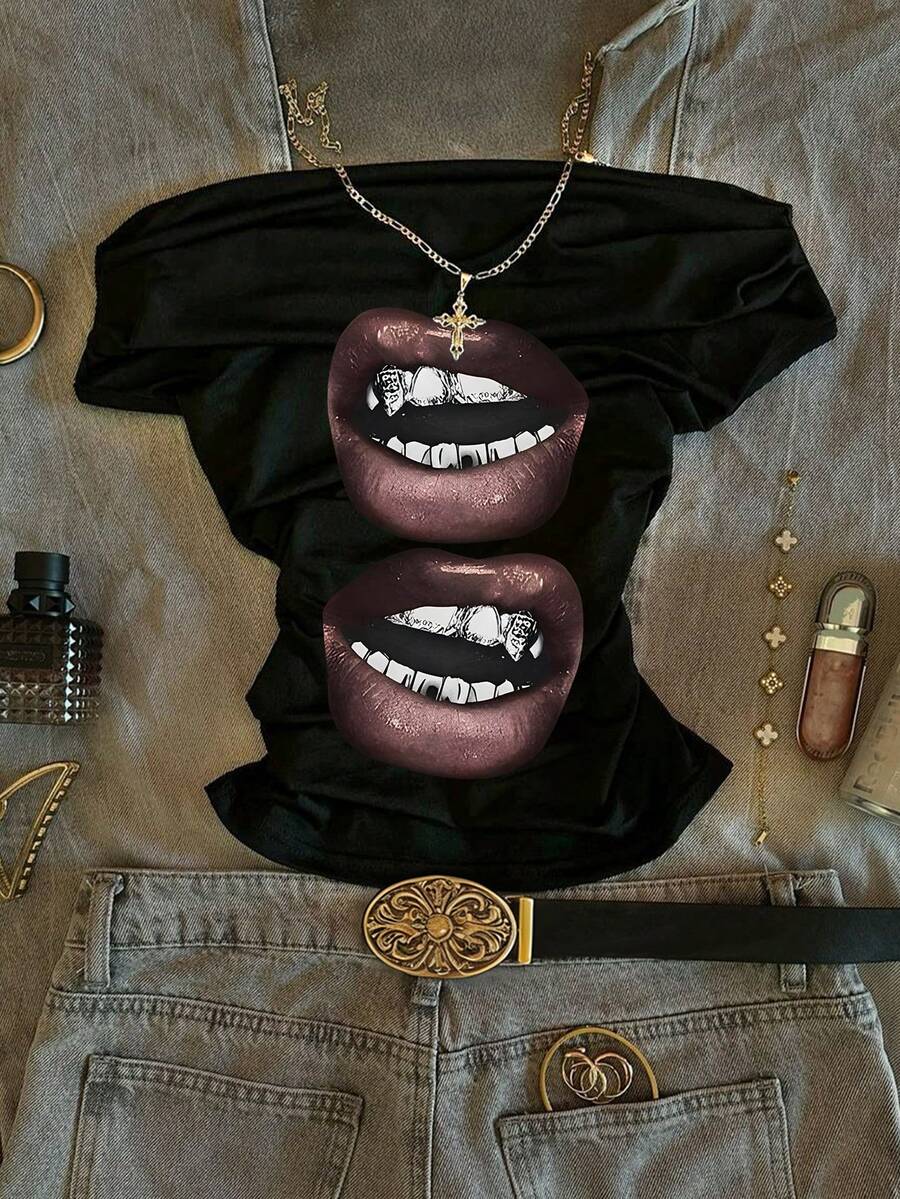 女士黑色露肩唇印时尚T恤，夏季款 - 黑色 - 查看 1