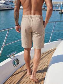 VENTUSAIL Men's Solid Color Pleated Waist Belt Loop Casual Summer Textured Fabric Shorts - Khaki - View 4