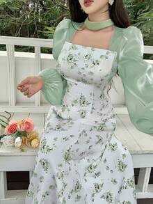 Feyla 女士印花灯笼袖镂空设计优雅中长连衣裙 - 淡綠 - 查看 7