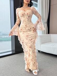 Women's Floral Print Sweetheart Neck Flare Sleeve Elegant Dress - Multicolor - View 7