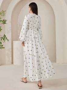 Solavon Women's Ditsy Floral Ruffle Lantern Sleeve Shirt And Midi Skirt Elegant 2-Piece Set - Multicolor - View 4