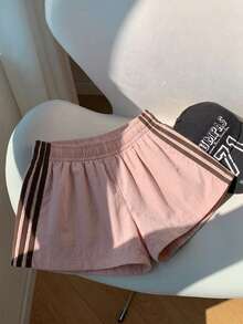 Comfortcana Quần short nữ dáng rộng màu hồng pastel và nâu kẻ sọc tương phản, cạp chun, kiểu dáng thường ngày, thích hợp cho mùa hè. - Màu Hồng baby - Xem 4