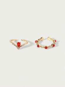 Glisma 2 Pairs Vintage Luxury Red Teardrop Open Ring Set, Suitable For Women Wear Anytime - Red - View 3