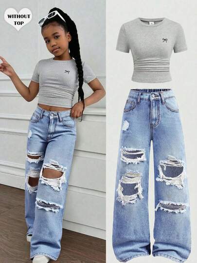 Quần jeans dáng rộng màu xanh rách dành cho bé gái tuổi teen