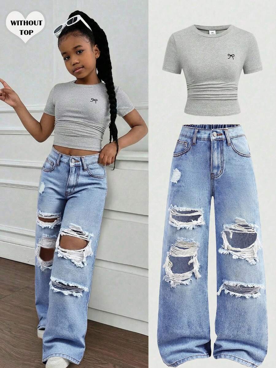 Quần jeans dáng rộng màu xanh rách dành cho bé gái tuổi teen - Màu xanh lam - Xem 1