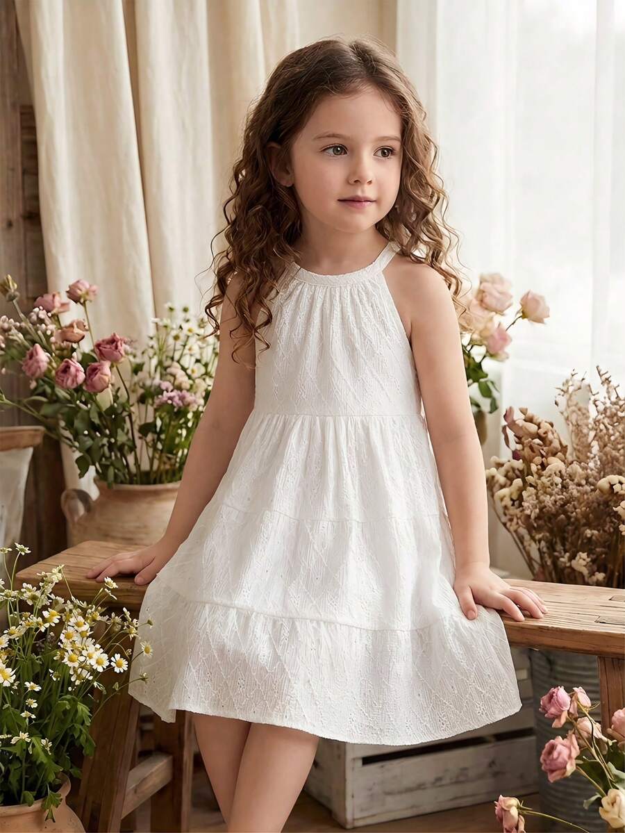 SHEIN 波点、夏季、波西米亚风、床单、度假、柔软、少女夏季休闲度假通勤纯色纹理面料吊带连衣裙、柔软连衣裙、蕾丝、棉 - 白色 - 查看 1