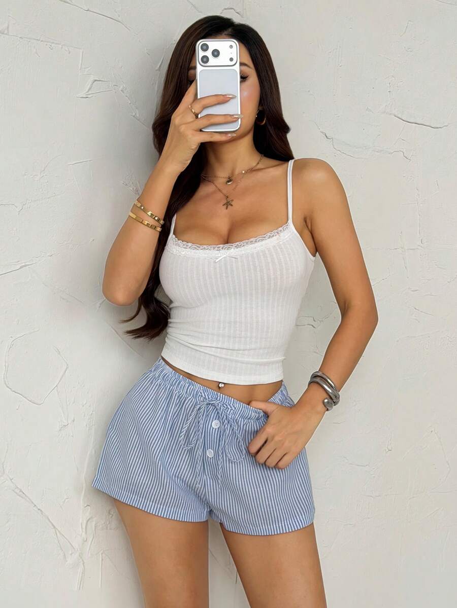 SHEIN PETITE Bộ đồ hai mảnh dành cho nữ, thích hợp mặc hàng ngày. - Xanh và trắng - Xem 1