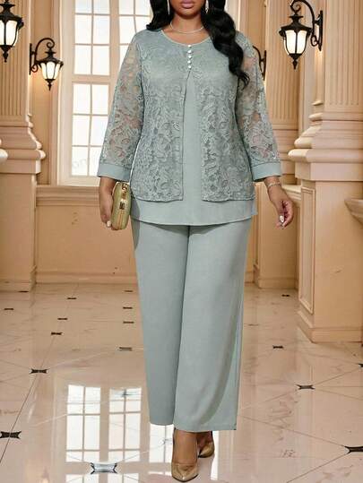 Fleurora Plus Size Women Contrast Lace 2 In 1 Top And Pants Elegant Set