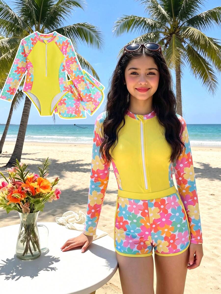 SHEIN 新款时尚女童印花拼接泳衣套装 - 黃色 - 查看 1