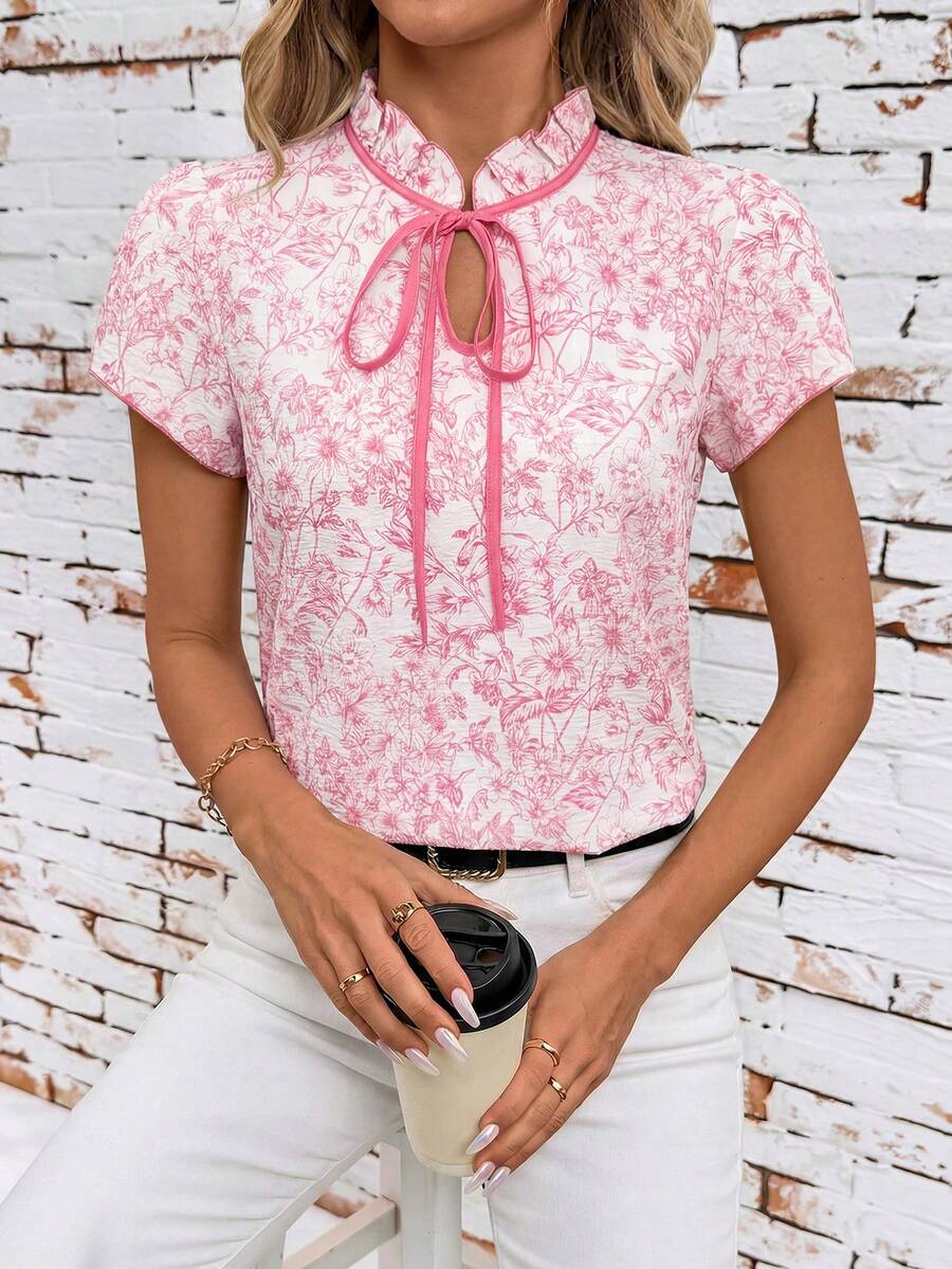 SHEIN Clasi 女款中式立領結飾花卉印花襯衫,白色與粉色,夏季優雅早午餐休閒短袖上衣,日常穿搭夏季造型 - 淺粉色 - 查看 1