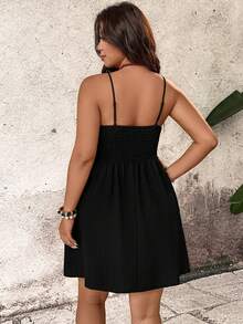 Breezaya Plus Size Summer Solid Color Lace Patchwork Camisole Dress - Black - View 6