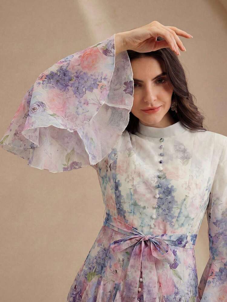 Women's Romantic Elegant Floral Print Flare Sleeve Dress, Spring/Summer
