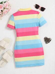 SHEIN Vestido de punto ajustado con cuello polo informal para niñas preadolescentes en primavera/verano - Multicolor - Ver 2