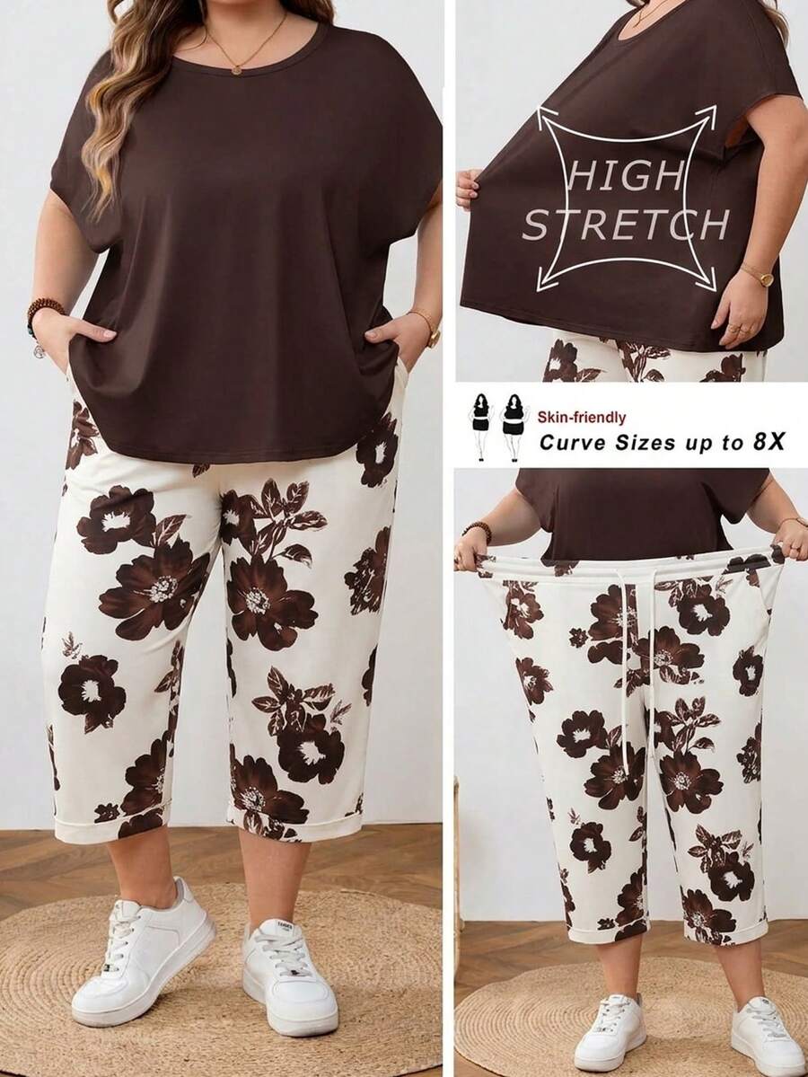 SHEIN CURVE+ 大码女式粉色插肩袖T恤和印花长裤,两件套,适合春夏穿着 - 棕色 - 查看 1