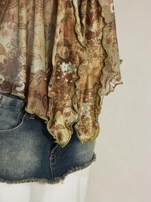 SHEIN ICON 复古印花不对称下摆网眼饰边女式背心 - 黃色 - 查看 8