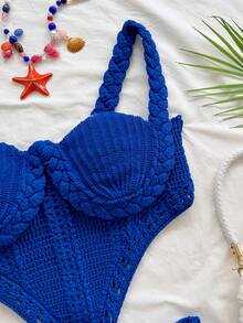 Soleia 度假风性感吊带编织胸衣连体裤，修身女士毛衣连体裤，适合音乐节、波西米亚风、假日约会、下午茶等场合 - 藍色 - 查看 5