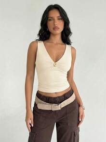Aloruh Sexy Backless Halter Neck Tight Fitting Metal Decor Top, Romantic Date For Fashionable Women, Summer Top - Apricot - View 5