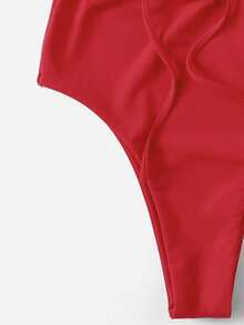 SHEIN Swim 2025 Women Solid Color Tie Waist Plunging Neck One-Piece Swimsuit Summer - Red - View 5