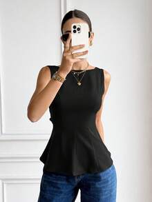 Blusa sin mangas con lazo y diseño a cuadros para vacaciones de mujer - Negro - Ver 8