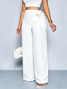 SOLERSUN Women's Linen-Like Belted High Waist Linen-Blend Tie Side Belted Wide Leg Pants - White - View 4