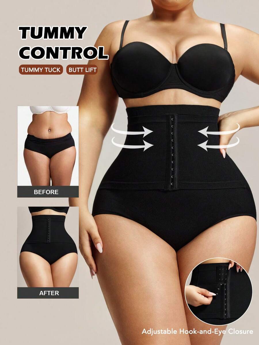 1pc Women Plus Size Seamless Double-Layer High Waist Tummy Control Butt Lifting Shorts - Black - View 1