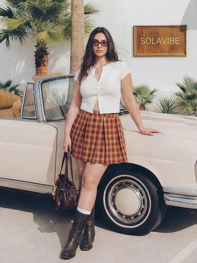 Solavibe 大码服装、度假、度假装扮、大码休闲装扮、格子裙、半身裙、百褶裙、女士休闲半身裙