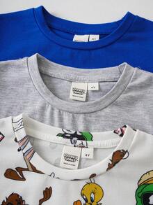 LOONEY TUNES X SHEIN Bộ 3 áo thun ngắn tay in chữ hoạt hình phong cách thường ngày cho bé trai, thích hợp mặc hàng ngày mùa hè. - Nhiều màu - Xem 4