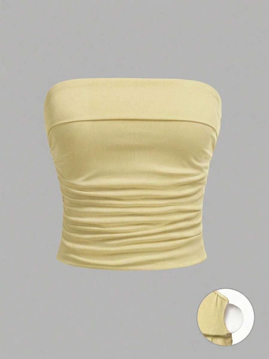 SHEIN Girlism 少女夏季简约舒适褶皱下摆抹胸文胸 - 黃色 - 查看 1