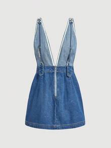 Sweetra Vestido de mezclilla con lazo y perlas de estilo retro para mujer - Azul lavado medio - Ver 2