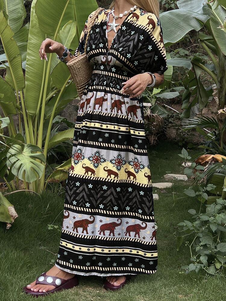 Women's V-Neck Casual Bohemian Tie-Up Dress, Suitable For Spring, Summer, Beach, Vacation, Commute Sun Dresses For Women