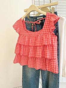 SHEIN Franclia Autumn New Arrival Cute Ruffle Hem Blouse For Women - Red - View 4