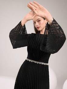 Modelyn Women Elegant Ruffle Trim Flare Sleeve Long Dress - Black - View 4