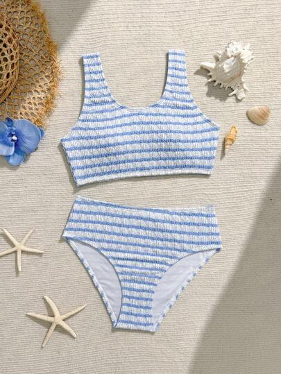 Bộ đồ bơi tankini dệt kim jacquard dành cho bé gái tuổi teen, màu xanh trắng trang nhã, thanh lịch và tinh tế, thích hợp cho bơi lội, đi biển, hồ bơi, kỳ nghỉ hè và các dịp lễ hội.