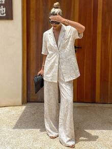 Livesso 2 st Dam Sommar Casual Daglig Heltäckande Tryckt Polokrage Skjorta Och Byxor Set - Beige - Visa 3