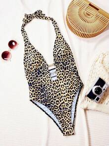 Swim Chiccia Springbreak Sexy Leopard Print Deep V Neck Halter One-Piece Swimsuit, Boho Festival - Multicolor - View 4