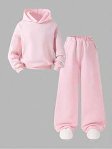 SHEIN Tween Girl Pink Sweatshirt Set, Long Sleeve Hoodie And Loose Casual Sweatpants Set, Autumn/Winter - Pink - View 7