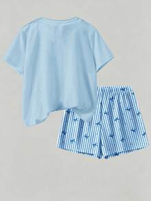 Tween Girls' Summer Casual Beach Vacation Shell & Starfish Letter Print Loose Shoulder T-Shirt And Striped Shorts Set - Multicolor - View 2