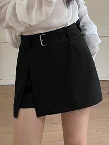 DAZY Women's Solid Color Low Waist Skirt With Belt Casual Preppy Elegant Back-To-School Teachers' Day Summer Skort Office Work Black School Vacation - Navy Blue - View 4