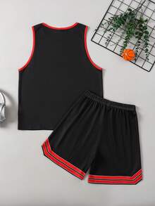 SHEIN 2pcs Tween Boy Casual Loose Sports Letter Print Tank Top And Shorts Set, Suitable For Commuting, School, Daily Casual Wear, Sports, Spring/Summer - Black - View 3