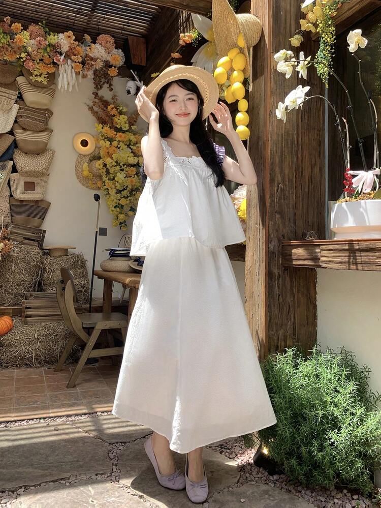 Women's Lace Patchwork Camisole Shirt + Elegant Korean Style 2-Piece Set, Spring/Summer Lounge Sets For Women