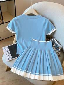 Contrast Color Striped Fitted Equestrian Embroidered Short Sleeve Crop Top And High Waist Pleated Mini Skirt 2-Piece Set For Women - Multicolor - View 2
