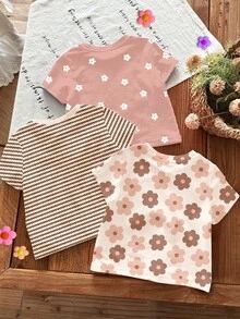 SHEIN LMoss Kids 3件套女婴可爱花卉系列奶油白、棕色条纹、粉色基础款圆领短袖T恤，休闲百搭，适合日常穿着、居家、度假、假日穿着，轻松舒适，可叠穿，时尚百搭，花卉图案，秋冬时尚，新款 - 彩色 - 查看 2