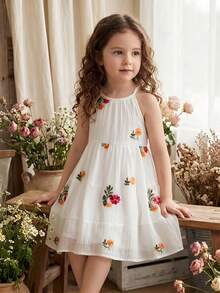SHEIN Vintaside Kids 少女花卉刺绣极简主义度假连衣裙 - 彩色 - 查看 3