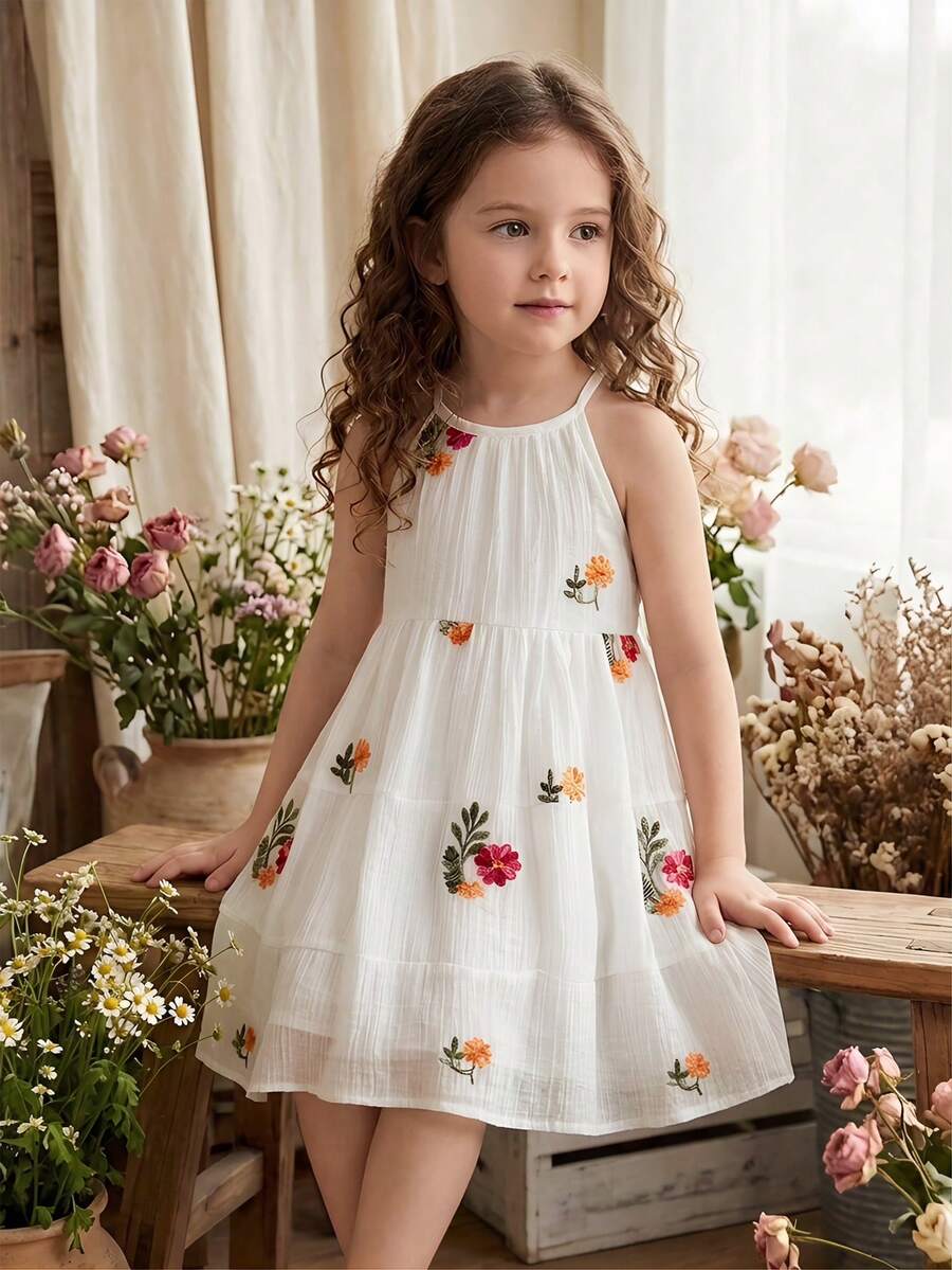 SHEIN Vintaside Kids Young Girl Floral Embroidered Minimalist Vacation Dress - Multicolor - View 1