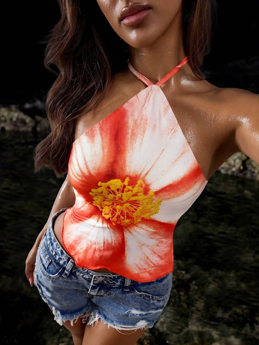 SHEIN ICON Débardeur décontracté à col ras-du-cou avec imprimé floral orange pour les vacances, idéal pour les sorties, les fêtes sur la plage et les vacances d'été pour femmes