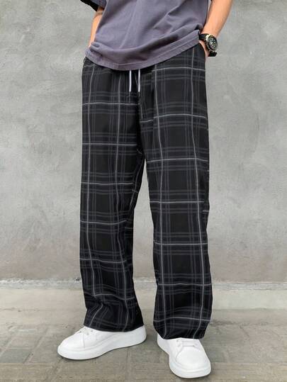 Claim Dot Men Casual Plaid Drawstring Waist Pants, Fall